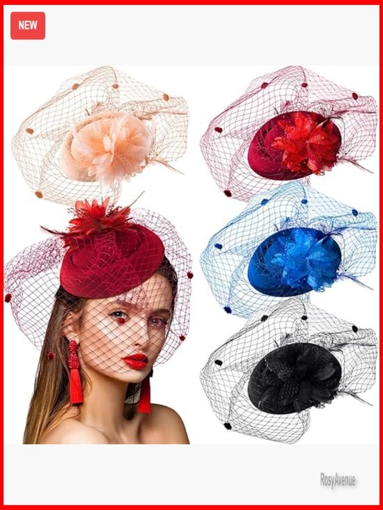 4-Piece Vintage Fascinator Hat Set with Veil and Feathers for Special Occasions main image 4
